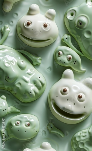 Cute green ceramic animal faces decoration with happy expressions on white background