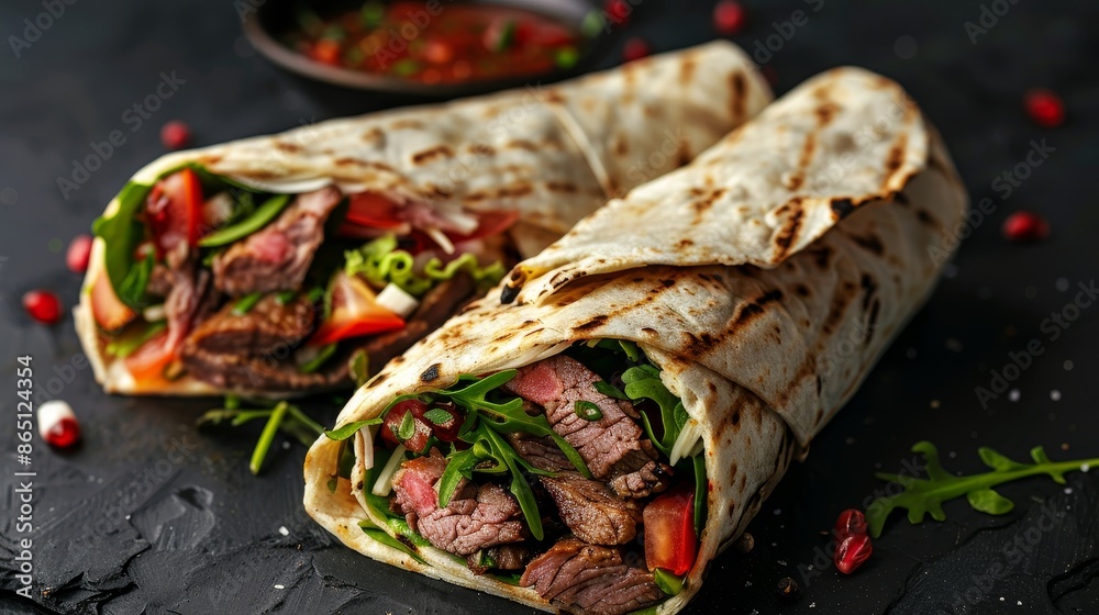 Fresh roll sandwich with beef and salad, tortilla wrap with grilled meat, presented on a dark background, looking mouth-watering