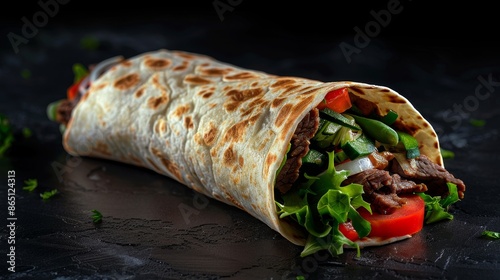 Fresh roll filled with grilled beef and salad, wrapped in a tortilla, placed against a dark background, looking savory and appetizing