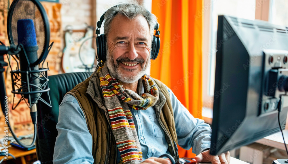A man is wearing headphones as he works on a computer, possibly listening to music A man is wearing headphones as he works on a computer, possibly listening to music