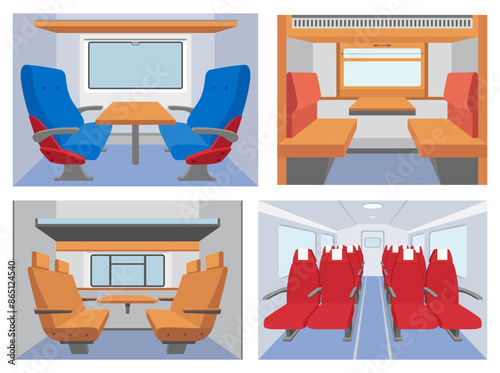 Modern comfortable railroad train interior with chair couch table and window set isometric vector