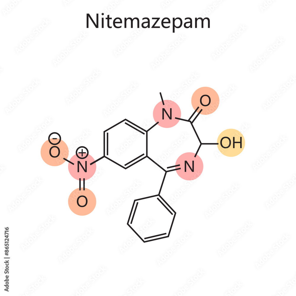 Chemical organic formula of Nitemazepam diagram hand drawn schematic vector illustration. Medical science educational illustration Chemical organic formula of Nitemazepam diagram hand drawn schematic vector illustration. Medical science educational illustration