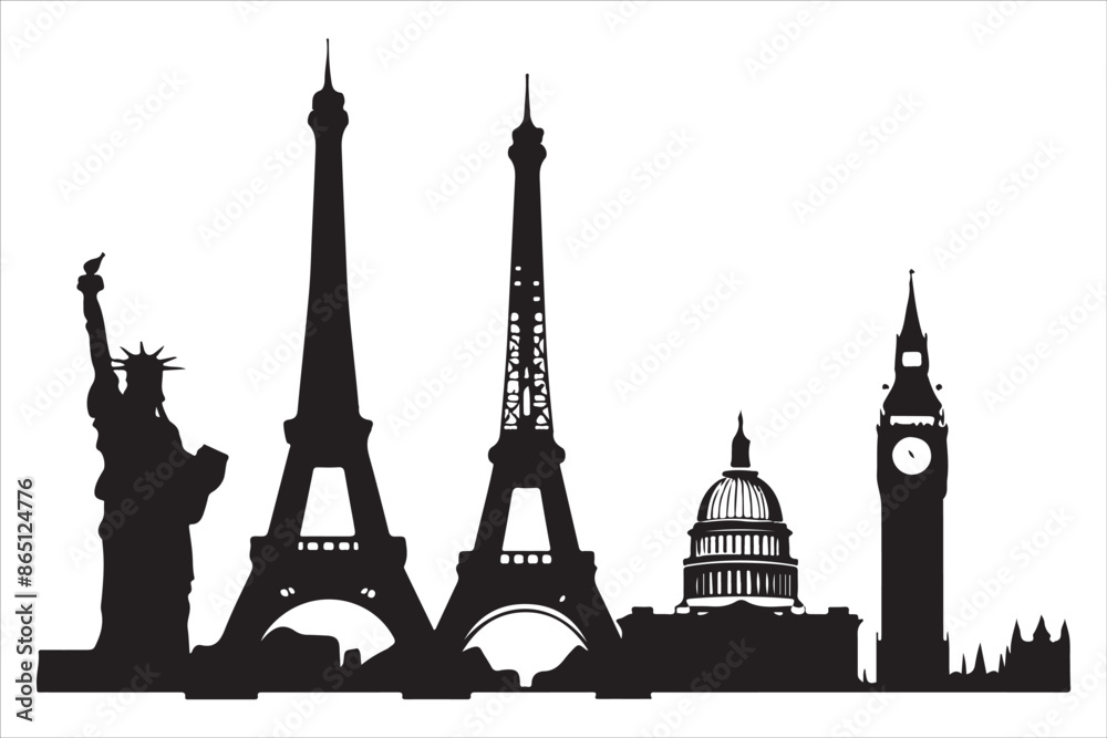 Obraz premium Eiffel Tower 🗼, Statue of Liberty 🗽, Big Ben 🕰️, Colosseum 🏛️, Great Wall of China 🏯, Taj Mahal 🕌, Sydney Opera House 🎭, Pyramids of Giza 🏜️, Leaning Tower of Pisa 🏰, Mount Fuji 🗻, Machu Pic