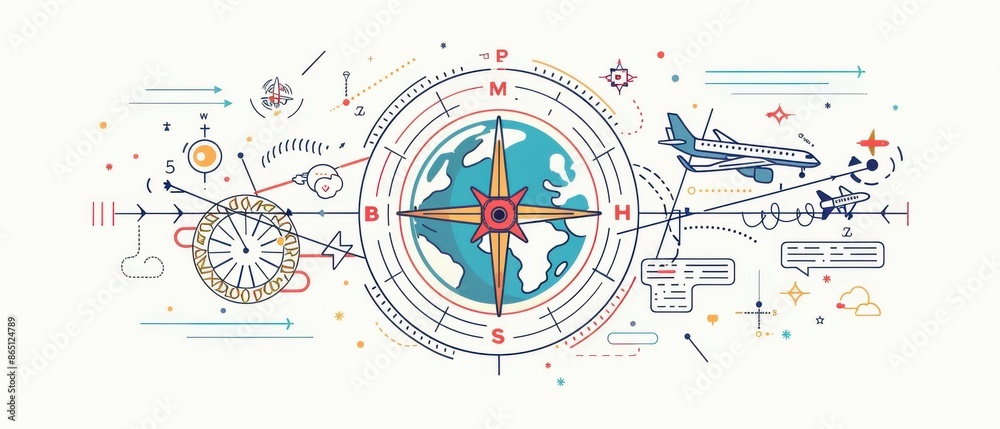 compass, navigation concept for aviation. points of departure and arrival. a globe, a compass around which airplanes fly compass, navigation concept for aviation. points of departure and arrival. a globe, a compass around which airplanes fly