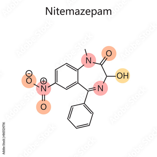 Chemical organic formula of Nitemazepam diagram hand drawn schematic vector illustration. Medical science educational illustration