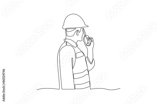 Continuous one line drawing a mining supervisor uses a hand radio to communicate. Woman digging and mining for treasure chest in underground tunnel. Single line draw design vector