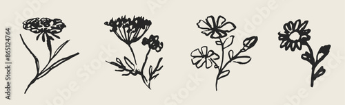 Abstract minimal tattoo style flower art poster or placard set in Ink, charcoal or crayon style. Hand drawn flowers vector illustration collection. Abstract pencil plants or floral elements drawing.
