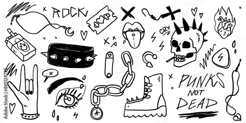 Grunge graffiti, tattoo hand drawn sticker, skull, heart, hand gesture, eyes. Rock n roll, metal or punk music doodle scribble vector illustration sticker set. Charcoal, chalk or black marker style.