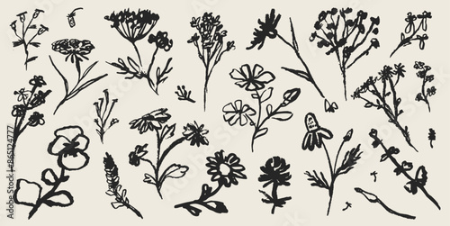 Tattoo style modern simple flower art set or collection. Ink, charcoal, pencil, chalk or crayon style plants or floral elements drawing. Abstract hand drawn trendy flowers vector illustration set.