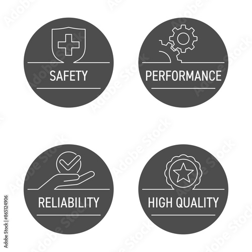 Circular icons in thin line - Safety, Performance, Reliability, High Quality