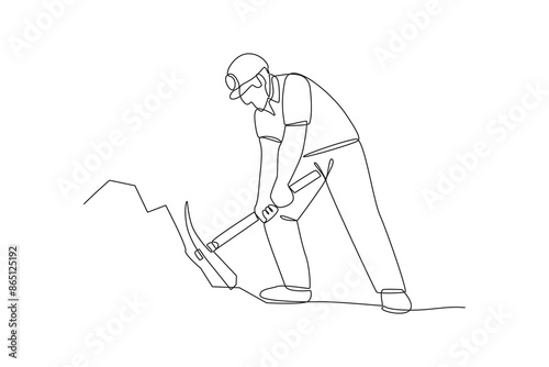 Continuous one line drawing A Traditional miner uses a hoe to get treasures. Woman digging and mining for treasure chest in underground tunnel. Single line draw design vector