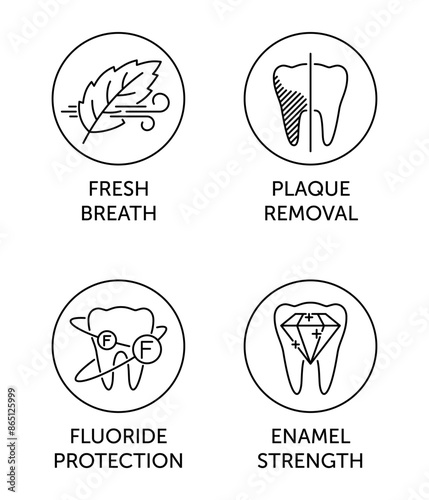 Toothpaste thin icons - Fresh breath, Plaque removal, Fluoride protection, Enamel strength