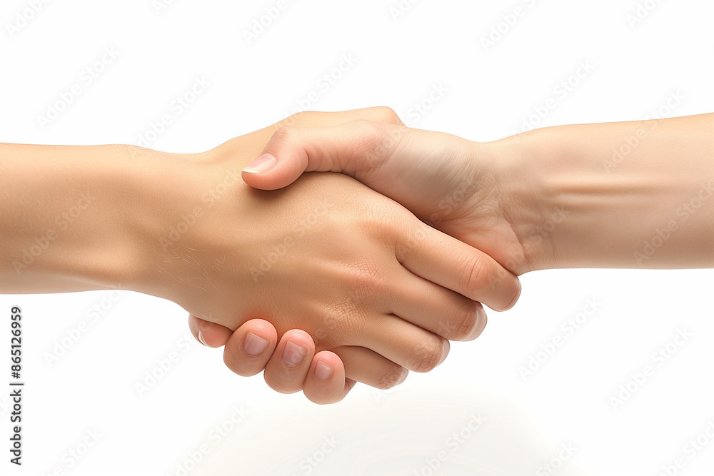 Close-up of Two Hands Shaking in a Friendly Gesture Representing Trust, Agreement, and Unity on a White Background Close-up of Two Hands Shaking in a Friendly Gesture Representing Trust, Agreement, and Unity on a White Background
