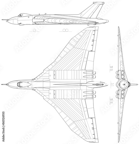Avro_Vulcan_B.2_3-view_line_drawing  blank, outline vector, svg badge, dxf, cnc router file, laser engraving, cricut, ezcad, digital cutting file for laser cutting, laser engraving template