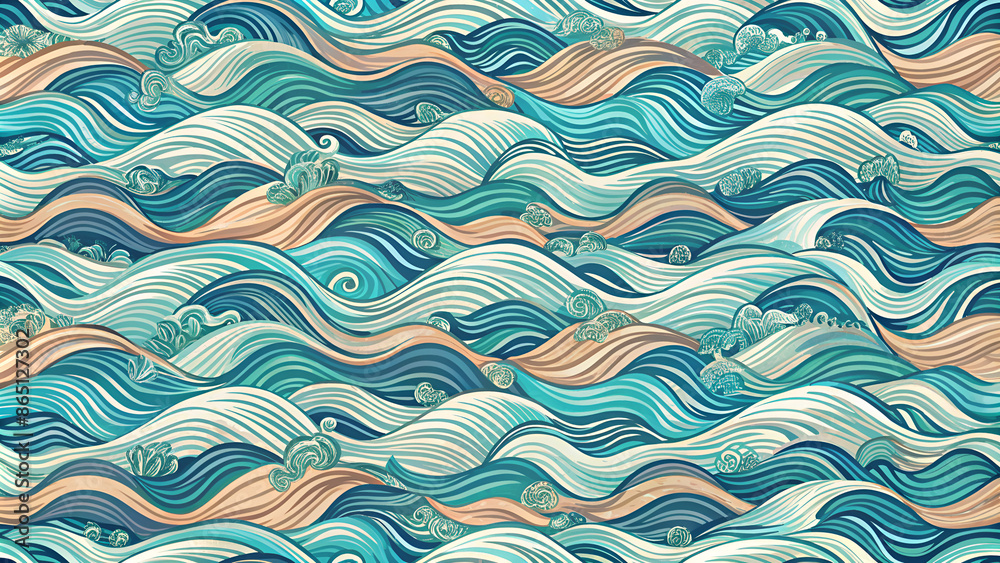 Seamless Wave Pattern, Hand drawn water sea vector background. Wavy beach print, curly grunge paint lines, watercolor Seamless Wave Pattern, Hand drawn water sea vector background. Wavy beach print, curly grunge paint lines, watercolor