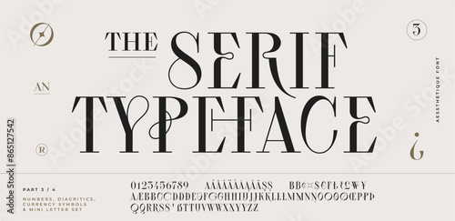 Classic serif font. Headline alphabet serif alphabet with graphic elements, sign, symbol, alternative letters. Classic creative serif font alphabet for design, typographic Vector Illustration