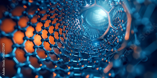 Detailed visualization of a carbon nanotube structure with vibrant colors and intricate lattice showcasing advanced nanotechnology and molecular engineering