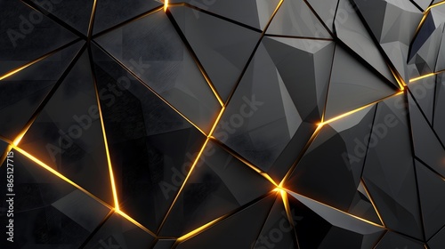 3d render, abstract black crystal background with gold line, faceted texture, macro panorama, wide panoramic polygonal wallpaper