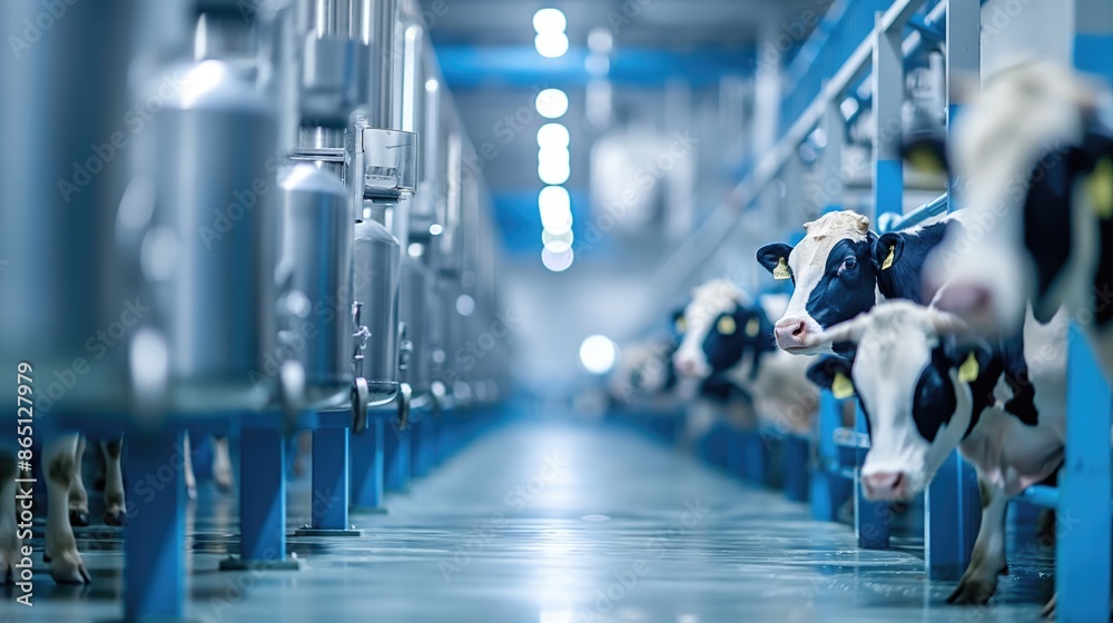 Dairy farm focusing on a row of cows being milked with state-of-the-art equipment Dairy farm focusing on a row of cows being milked with state-of-the-art equipment