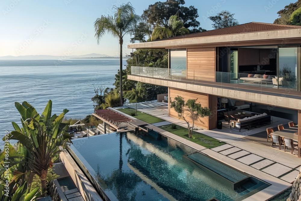 A grand mansion positioned on the oceanfront, featuring a swimming pool overlooking the vast blue ocean, A waterfront mansion with sweeping views of the ocean A grand mansion positioned on the oceanfront, featuring a swimming pool overlooking the vast blue ocean, A waterfront mansion with sweeping views of the ocean