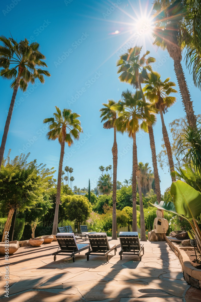The image captures a serene outdoor setting featuring majestic palm trees and comfortable lounge chairs basking under a bright, sunny sky in a tropical paradise.