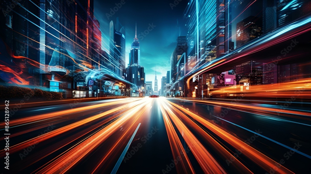 City street at night with light trails, showcasing urban nightlife and bustling activity. City street at night with light trails, showcasing urban nightlife and bustling activity.