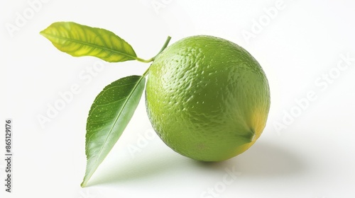 A single green lime with a leaf, against a white background.