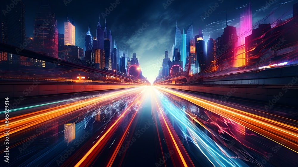 Fototapeta premium City street at night with light trails from passing cars.