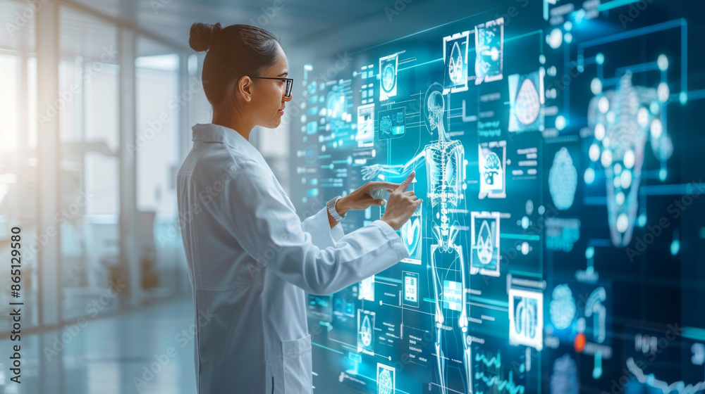 Doctor using an interactive medical display in a modern facility, demonstrating advanced healthcare technology and digital diagnostics. Doctor using an interactive medical display in a modern facility, demonstrating advanced healthcare technology and digital diagnostics.