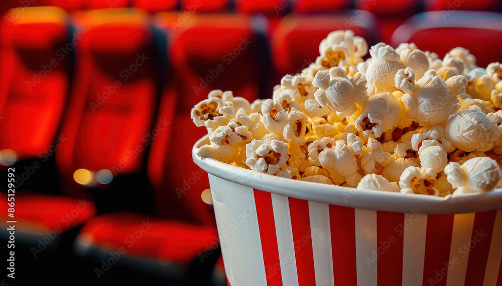 A bucket of popcorn is placed on the floor in a movie theater in front of vacant red seats A bucket of popcorn is placed on the floor in a movie theater in front of vacant red seats