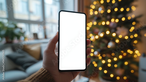 Closeup person hand holding smartphone with blank screen mockup against blurred modern apartment background with decorated Christmas tree