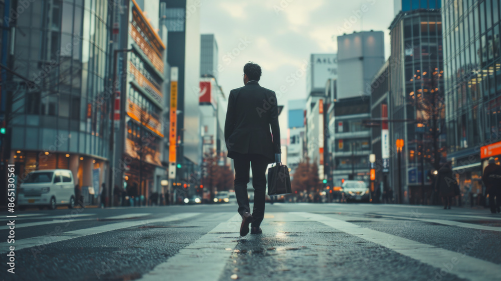 Back view of a businessman with a briefcase walking in a bustling urban city street surrounded by tall buildings. Back view of a businessman with a briefcase walking in a bustling urban city street surrounded by tall buildings.