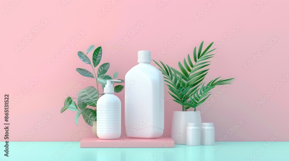Mockup of unbranded plastic medicine bottles with jerrycan on podium against pastel background Mockup of unbranded plastic medicine bottles with jerrycan on podium against pastel background