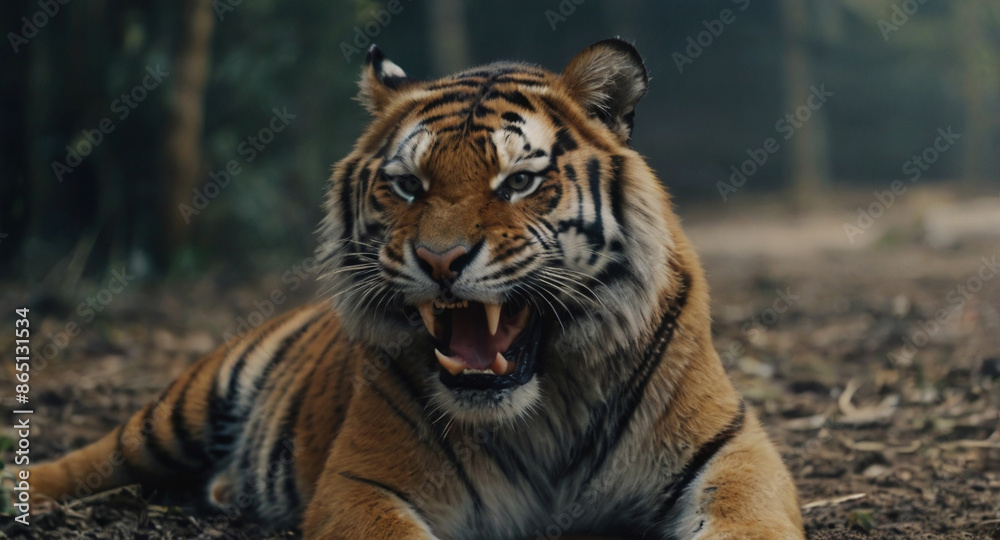 Fototapeta premium Tiger has an angry expression. He shows his fangs and gets angry while lying in nature. imitation of analog photography