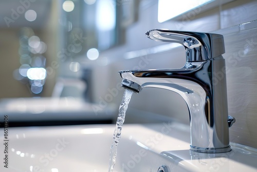 Modern faucet and water flow. Stylish white sink, faucets in a light interior. Chrome steel tap. Domestic Appliances. Gray clean bright bathroom. Household equipment. New water Tap. Contemporary style