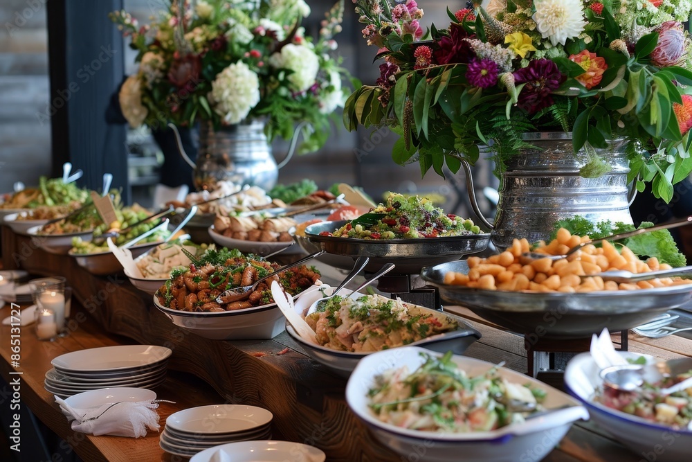 A buffet table laden with numerous plates of food ready for guests to enjoy, A well-stocked buffet station A buffet table laden with numerous plates of food ready for guests to enjoy, A well-stocked buffet station