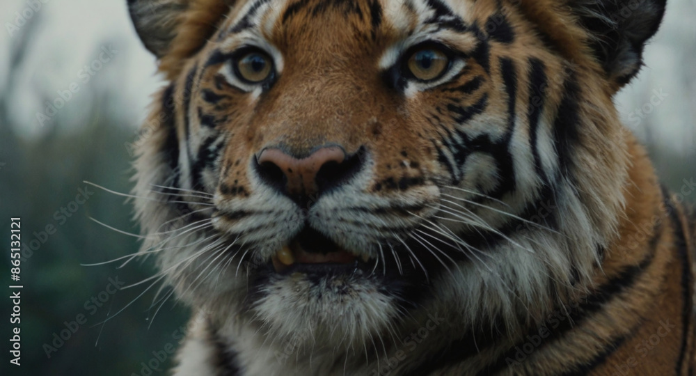 Fototapeta premium A tiger with an attentive expression. hunter's look. Close-up. imitation of analog photography