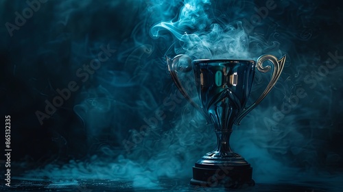 Golden cup on isolated black background with smoke