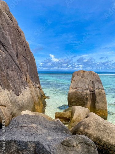 Beautiful seascapes of Seychelles islands with sun and turquoise waters