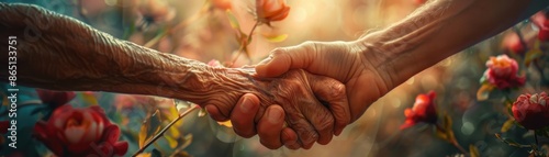 Close-up of two hands holding, symbolizing support, kindness, and connection, against a floral background, with soft sunlight illuminating.