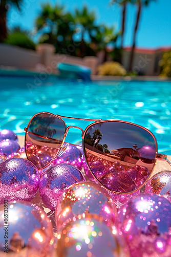 gafas de sol de pie junto a la piscina con pelotas en la piscina y en el exterior.