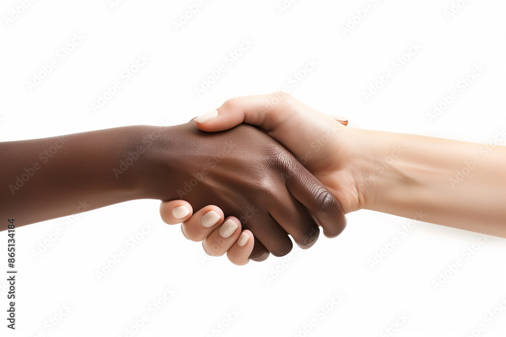 Close-up of Diverse Hands Shaking in a Gesture of Trust, Agreement, and Partnership on a White Background Close-up of Diverse Hands Shaking in a Gesture of Trust, Agreement, and Partnership on a White Background