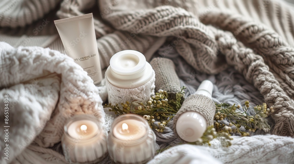 Cozy Beauty Serene Skincare Products on Knitted Throw Cozy Beauty Serene Skincare Products on Knitted Throw