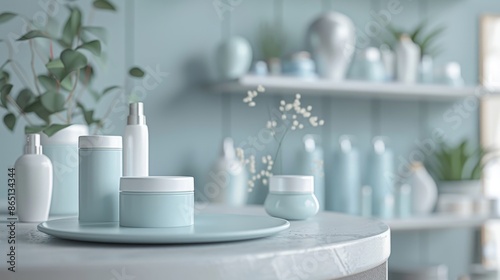 Minimalist Beauty Serene Shelf with White and Blue Skincare Containers in ScandinavianInspired Setting