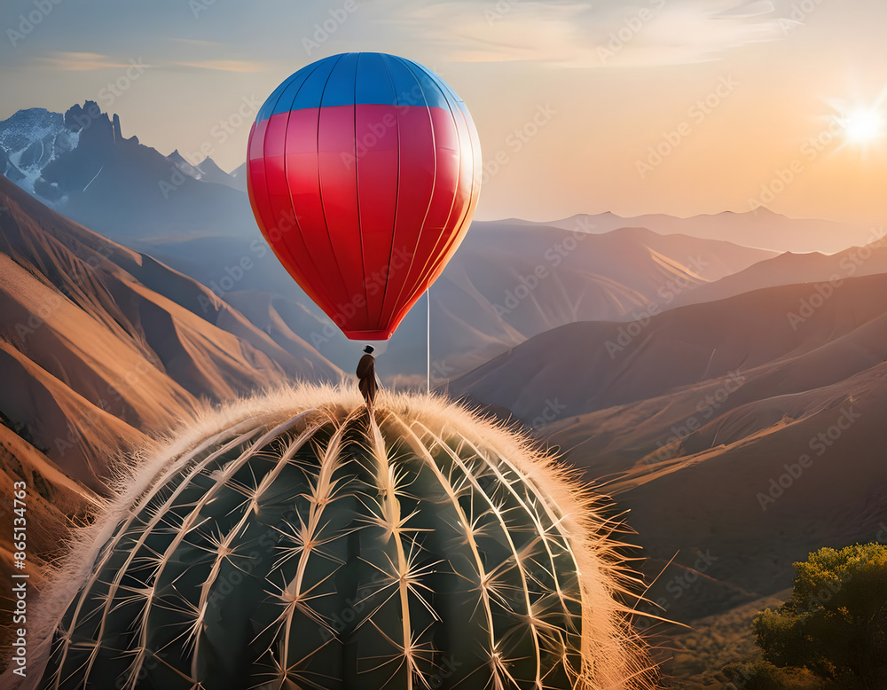 Obraz premium A fragile balloon teetering on a sharp prickly cactus represents the concept of fragility a_1(41)