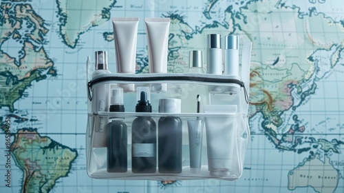 AdventureReady Essentials TravelSized Skincare Set in Waterproof Bag on World Map Background photo