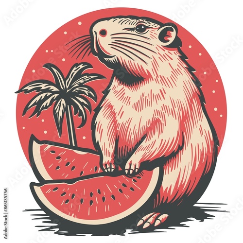 Capybara logo. Icon design. Capybara mascot logo design. Cute cartoon capybara with watermelons in red and black