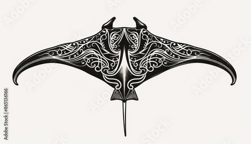 The stingray is depicted in black and white with a tribal design, emphasizing its features