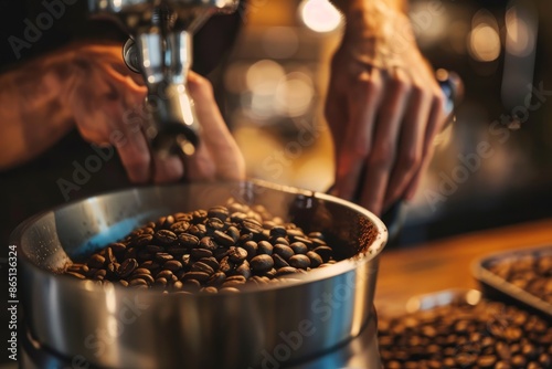Wallpaper Mural 3. Close-up of a barista's hands grinding coffee beans, high detail, photorealistic, precise action, well-lit coffee shop Torontodigital.ca