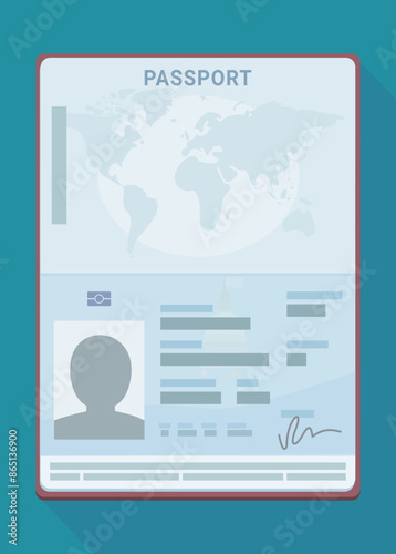 Open passport isolated in flat design style with long shadow